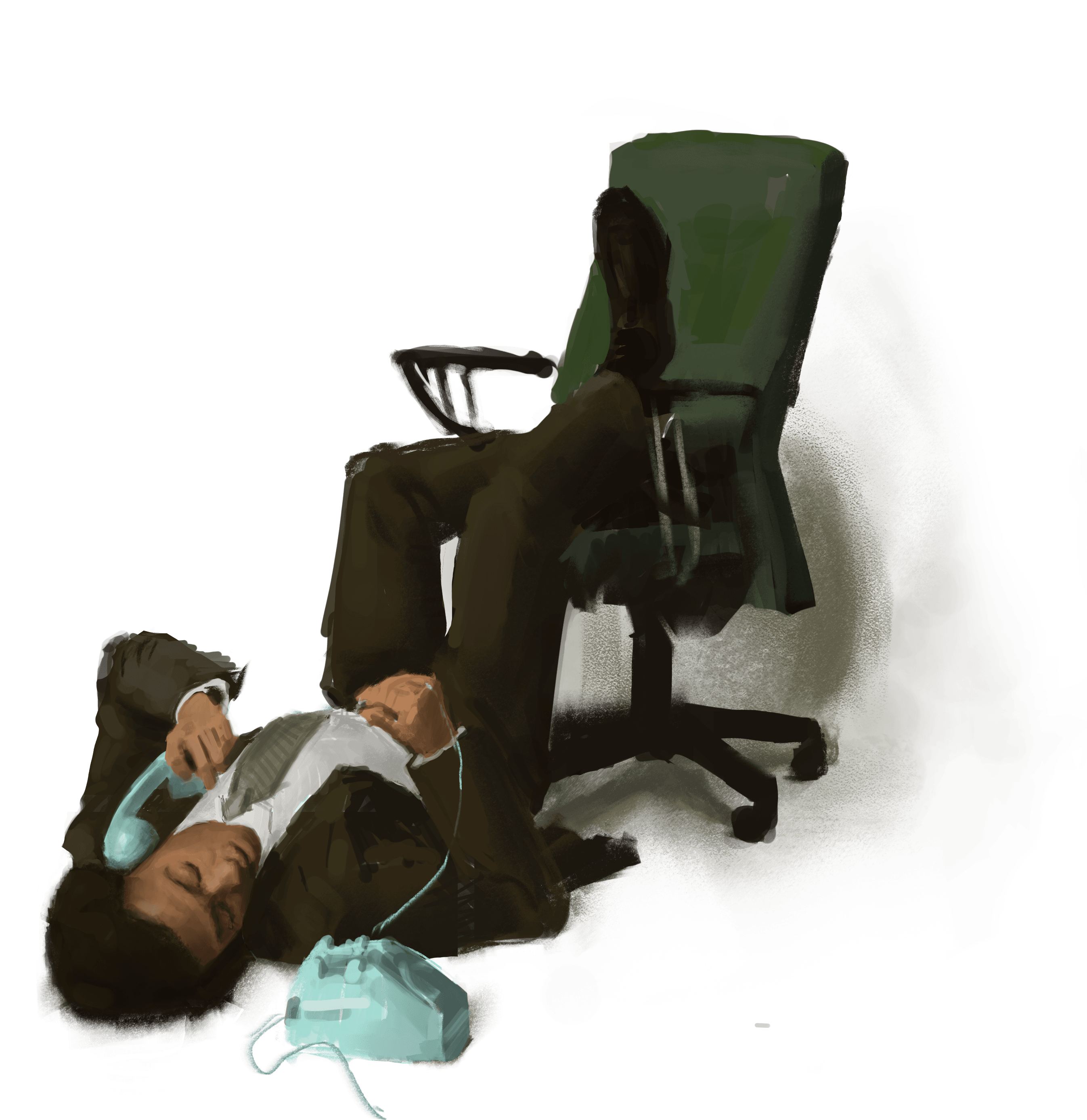 Person reclining beside a green office chair while using a telephone